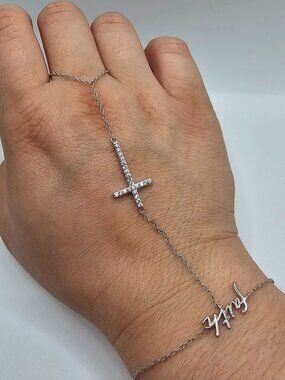 Sterling Silver 925 Rhodium Plated CZ Cross Faith Clone Ring Bracelet
